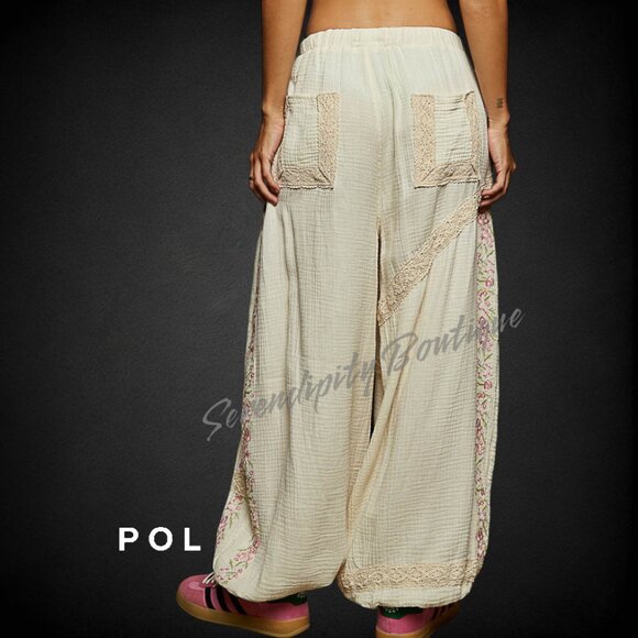 POL Breezy Delicate Lace Embroidered Cotton  Double Gauze Wide Leg Pants - Picture 5 of 9